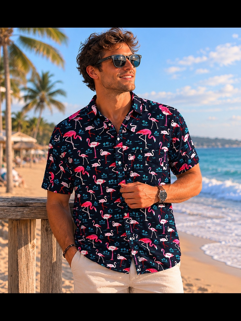 Free Planet Men's Navy Flamingo Print Button Down Shirt